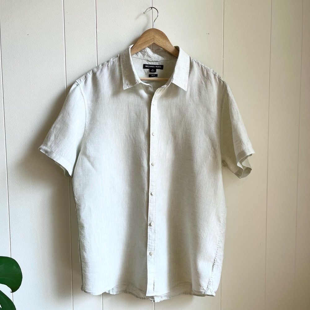 Michael Kors Linen Short Sleeve Button Front Light Green Short Slv Slim …